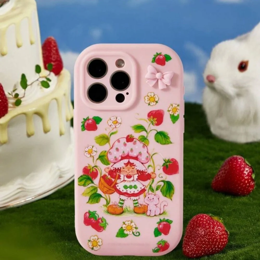 Trends Strawberry Shortcake Strawberry Print Bowknot Shockproof Phone Case, Pink